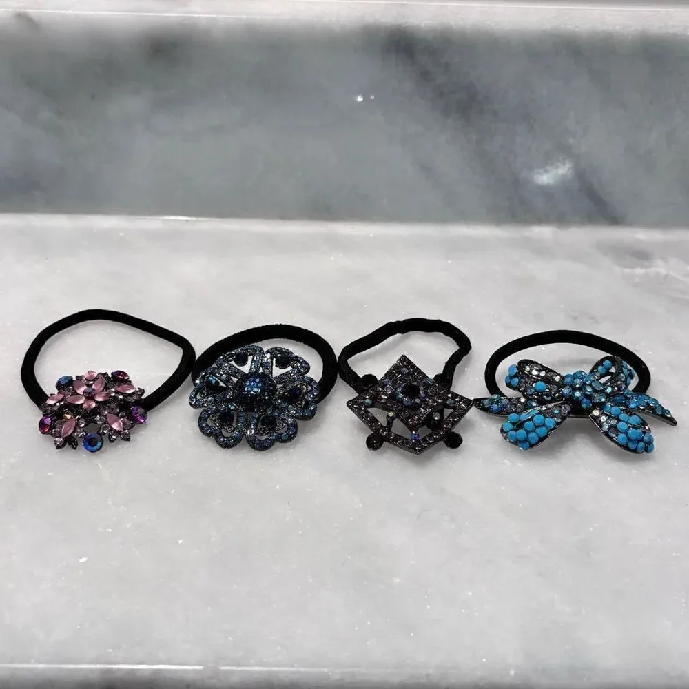 Lot Of 4 Vintage Sparkly Rhinestone Embellished Elastic Ponytail Hair Ties Multi